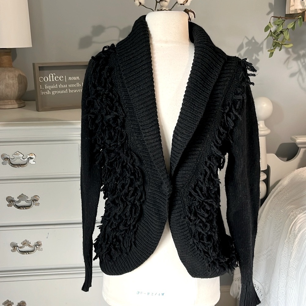 Sweater Black Cardigan Womens Small Acrylic Wool Cato Boho Fringe